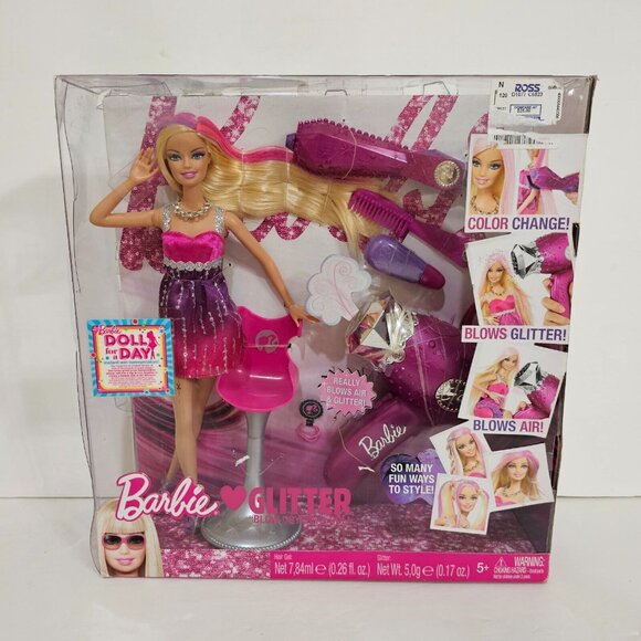 BARBIE Loves Glitter Blow Dryer Doll Set T3250 Hair Salon Hair Style 2009 BoxDmg - Picture 1 of 7